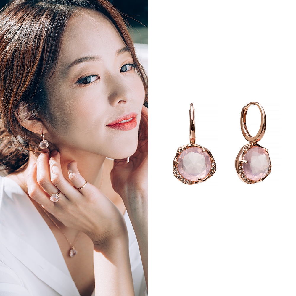 14K 18K natural stone Rose Quartz pink amethyst gold earring one-touch