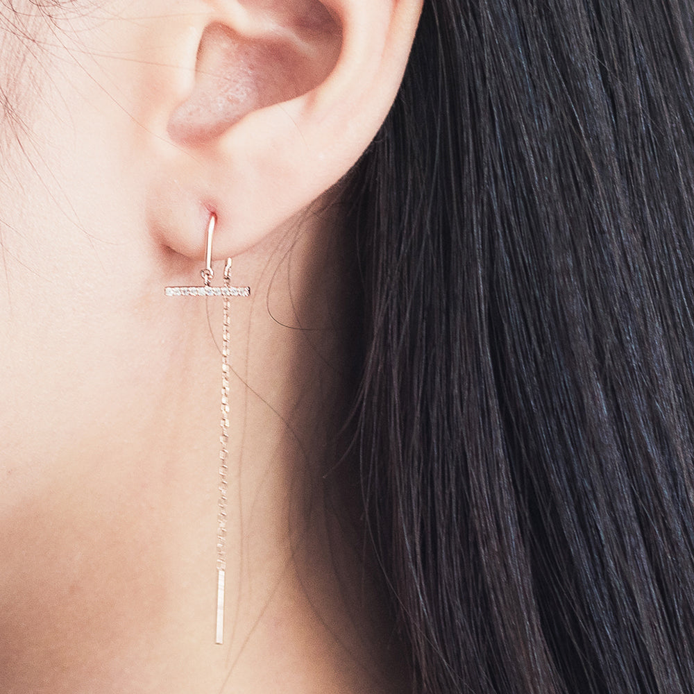 14k chain drop gold earring diamond long bar 18k bar drop women gift