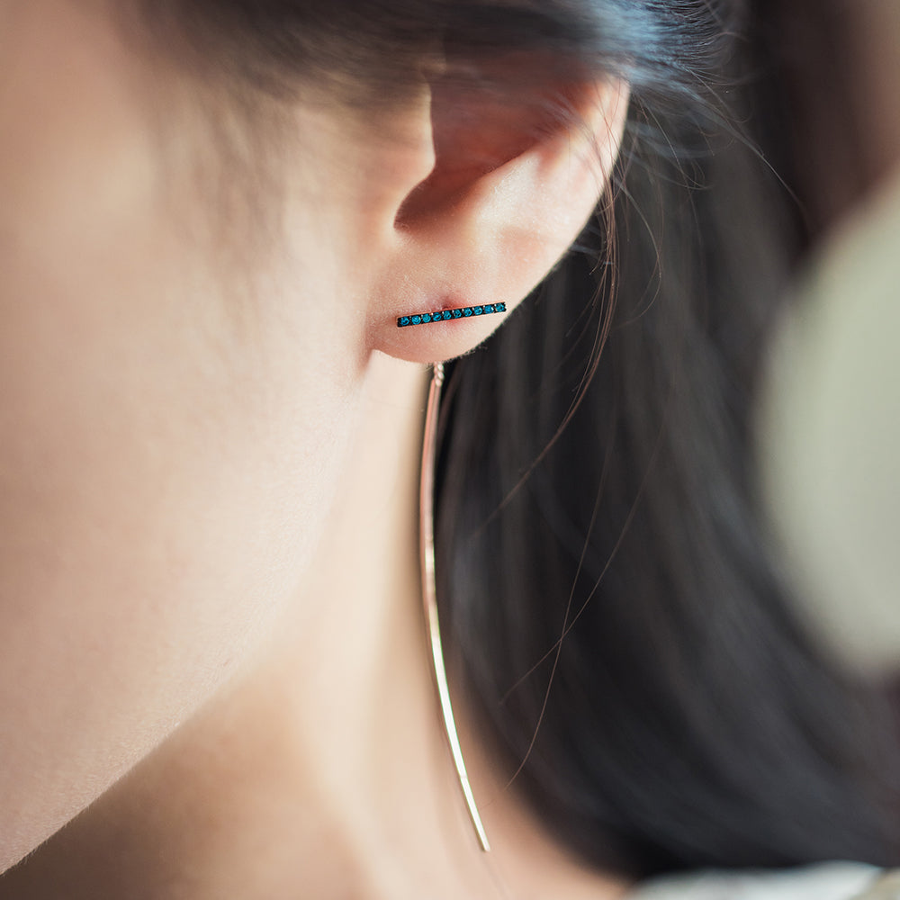 14k chain drop gold earring blue diamond long bar 18k women handmade