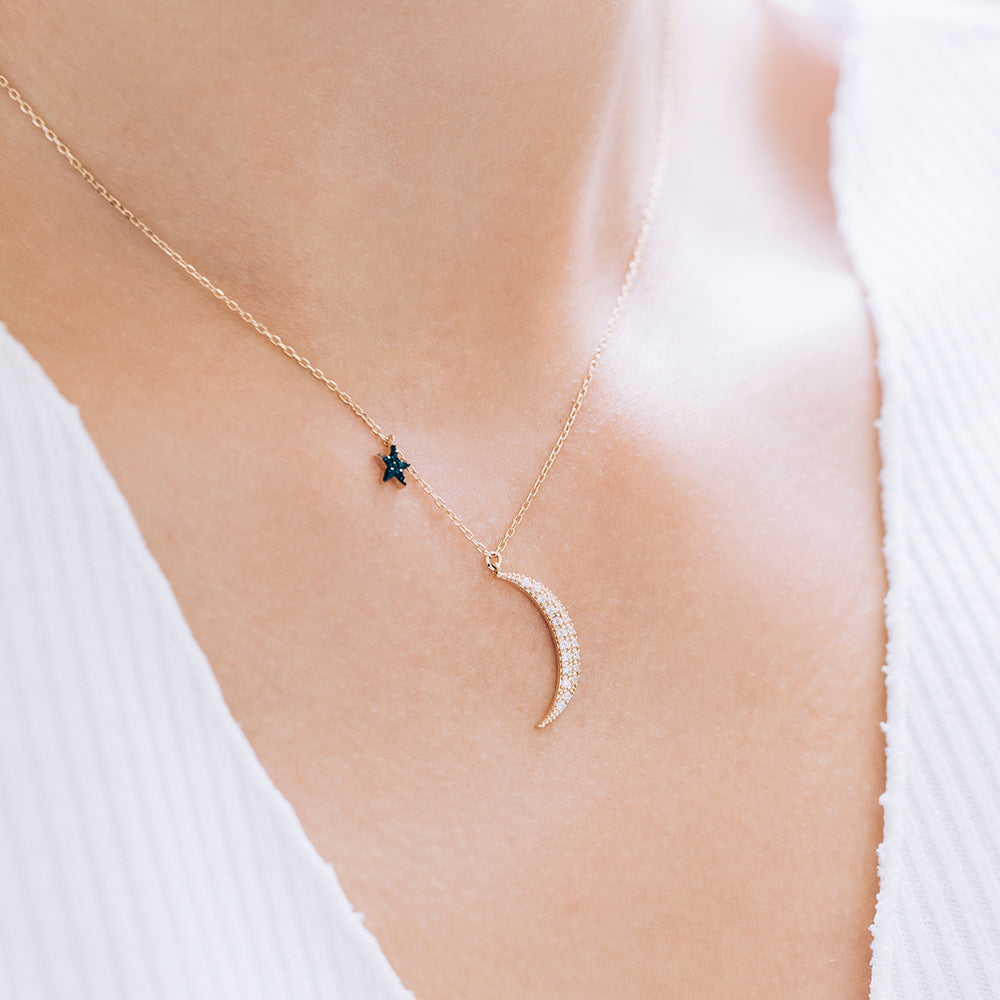 14k 18k GOLD moon star black white Q necklace daliy anniversary gift