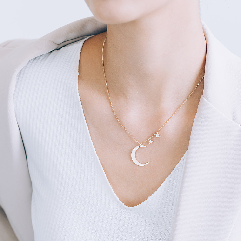 14k 18k GOLD long necklace 45cm 17.5" moon star chain daily necklace