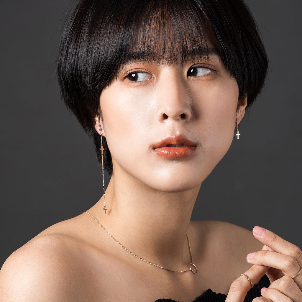 14k 18k long unbalance cross GOLD diamond earring