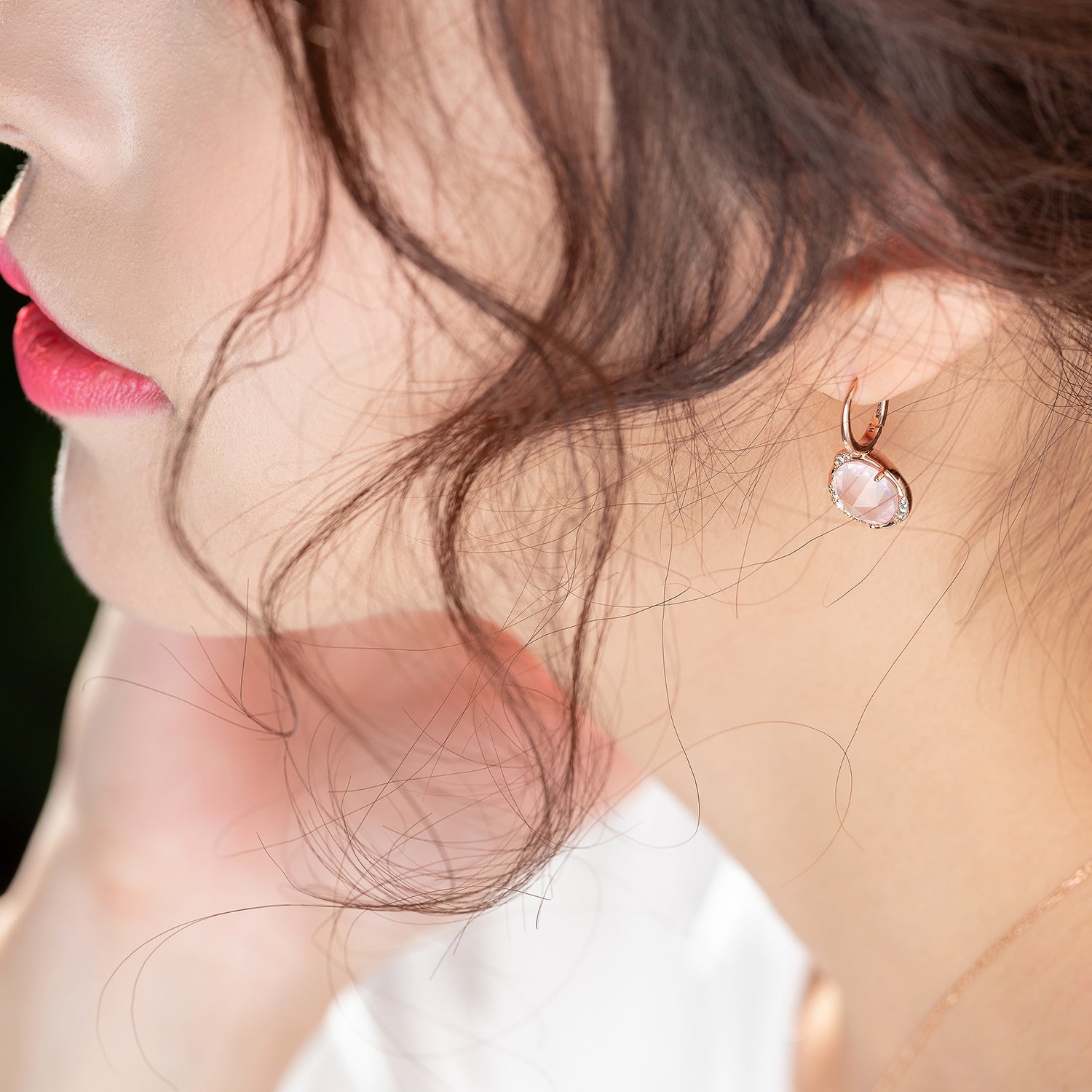 14K 18K natural stone Rose Quartz pink amethyst gold earring one-touch