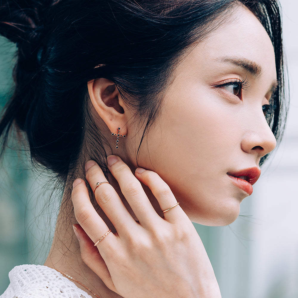 14k cross earring 18k black Q stone hoop earring