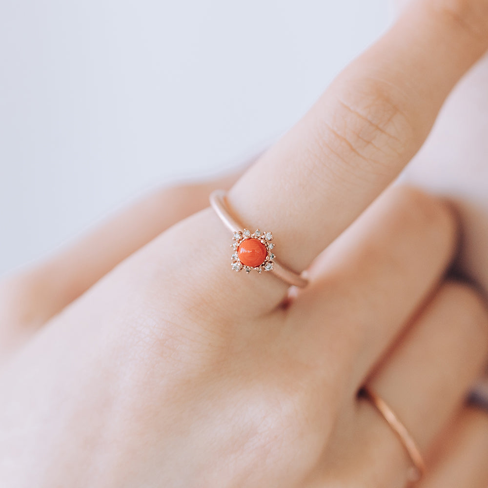 natural coral diamond A+++ ring wedding band 14k 18k gold