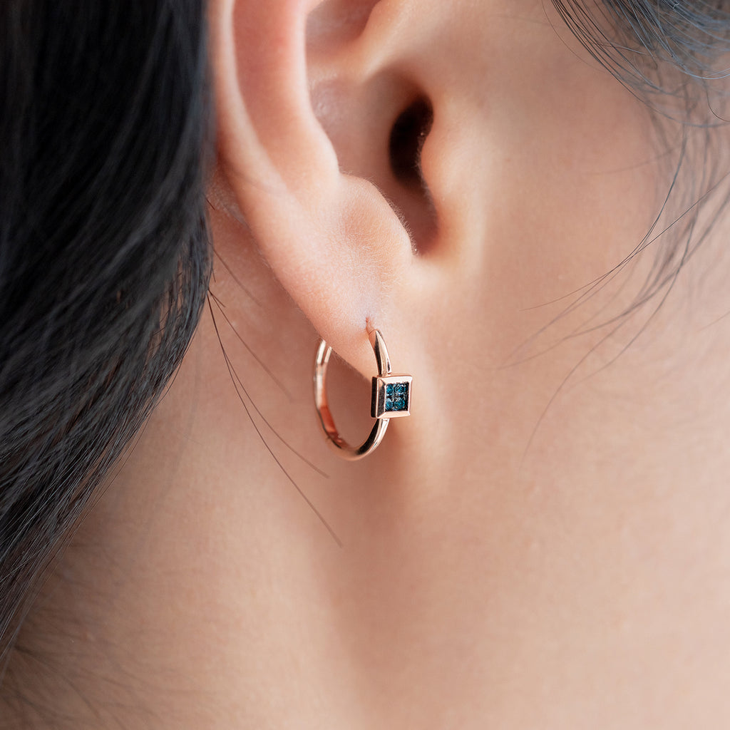 blue diamond gold earring 14k 18k simple one-touch hoop