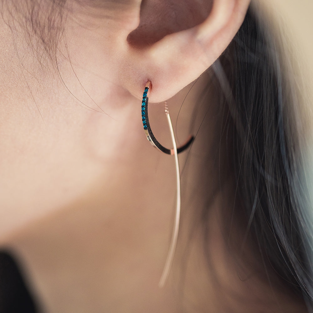 14k blue stone earring 18k blue diamond unbalance dropearring