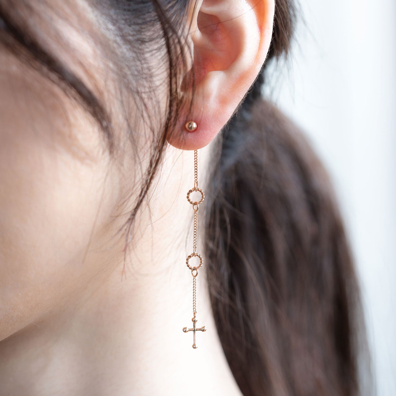 14k 18k long unbalance cross GOLD earring long chain earring K jewellery jewelry