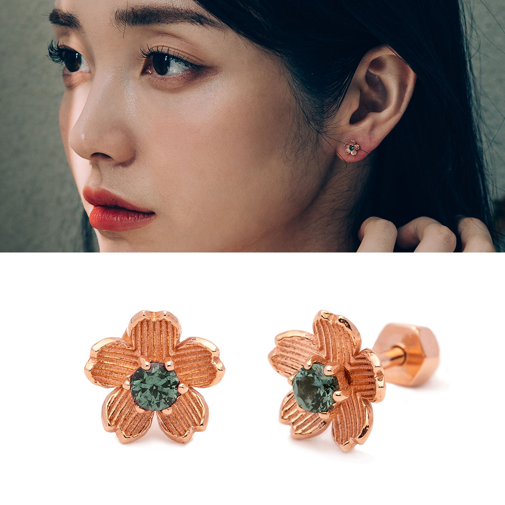 14K 18K gold piercing errings natural stone tourmaline simple jewerly