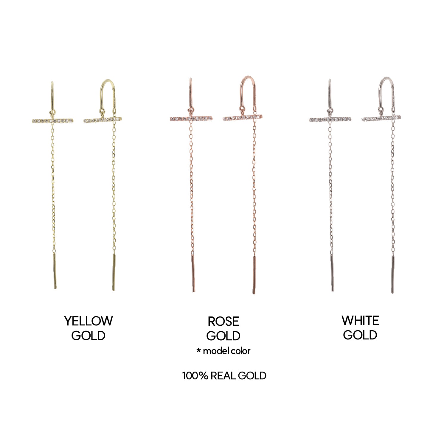 14k chain drop gold earring diamond long bar 18k bar drop women gift