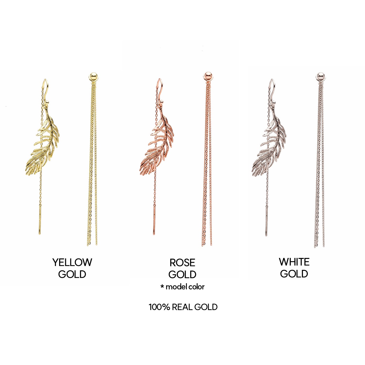 14K long chain gold earring leaf unbalance women 18K earring