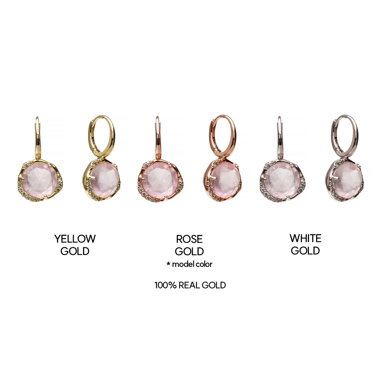 14K 18K natural stone Rose Quartz pink amethyst gold earring one-touch