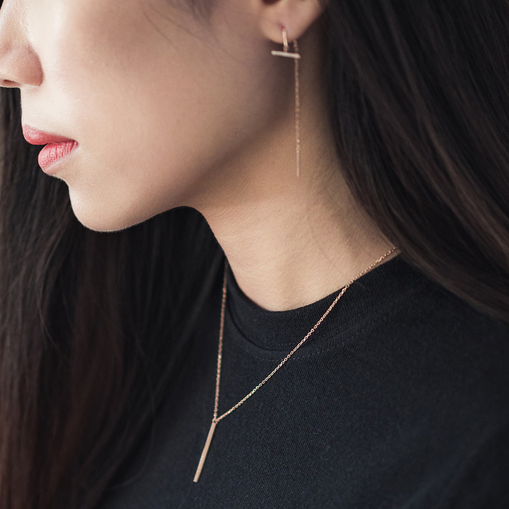 14k chain drop gold earring diamond long bar 18k bar drop women gift