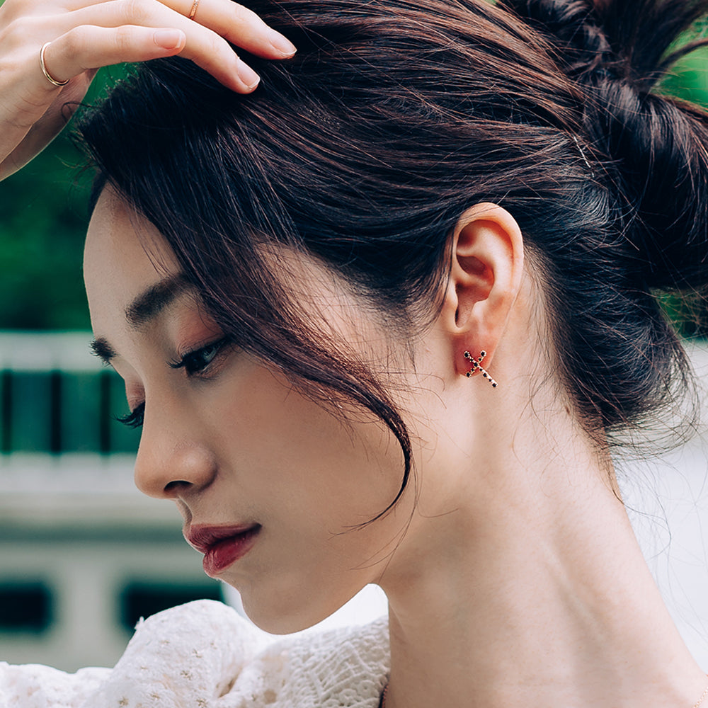 14k cross earring 18k black Q stone hoop earring