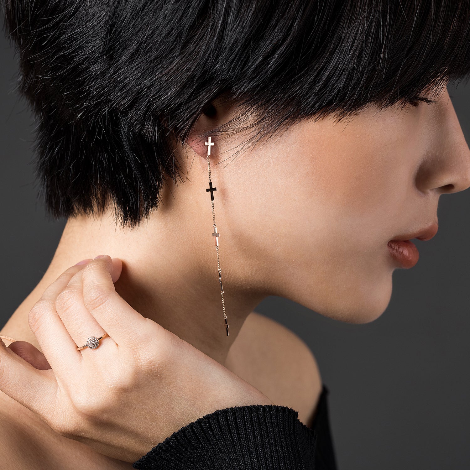 14k 18k long unbalance cross GOLD diamond earring