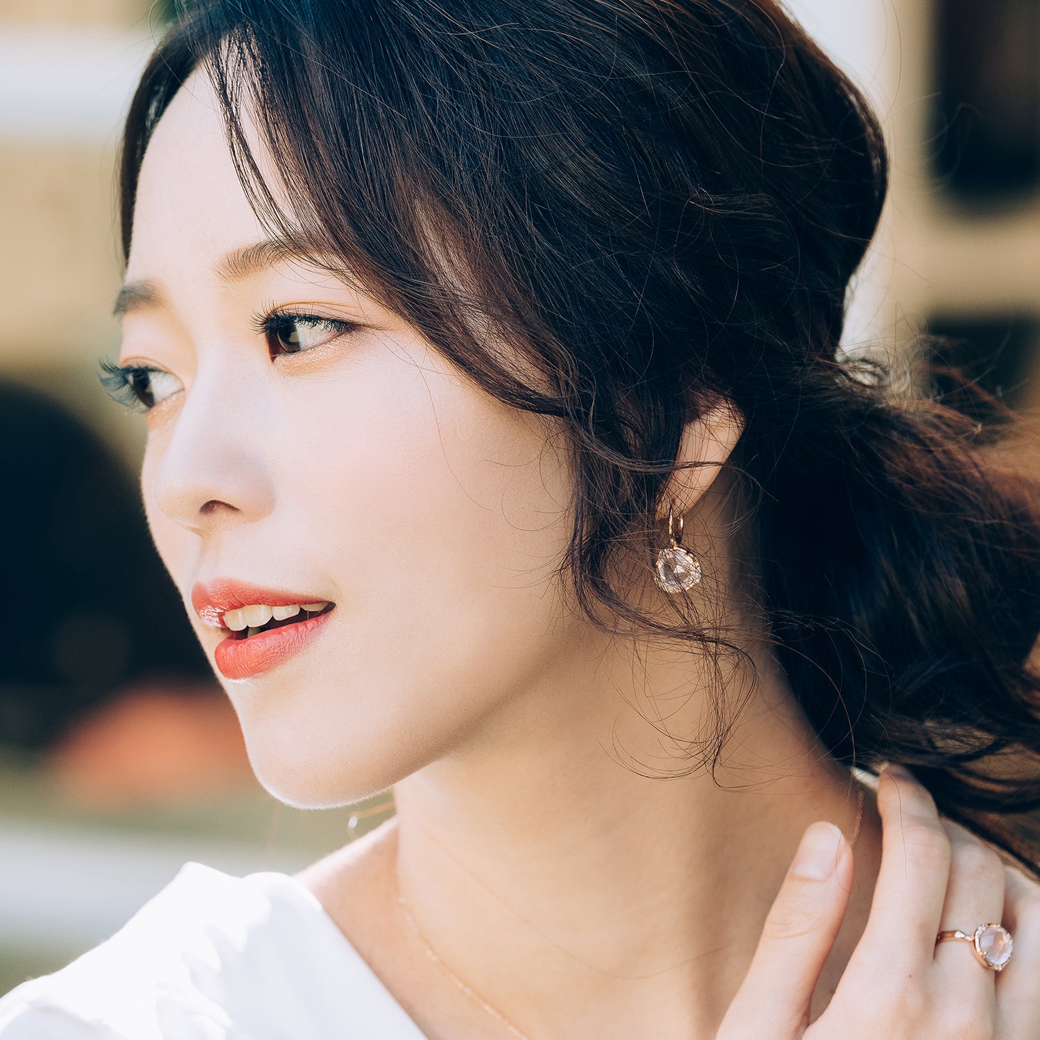 14K 18K natural stone Rose Quartz pink amethyst gold earring one-touch