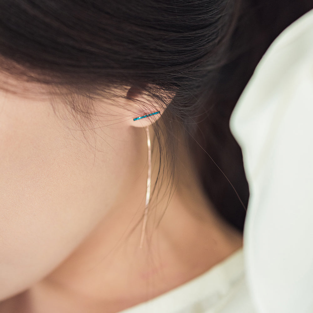 14k chain drop gold earring blue diamond long bar 18k women handmade