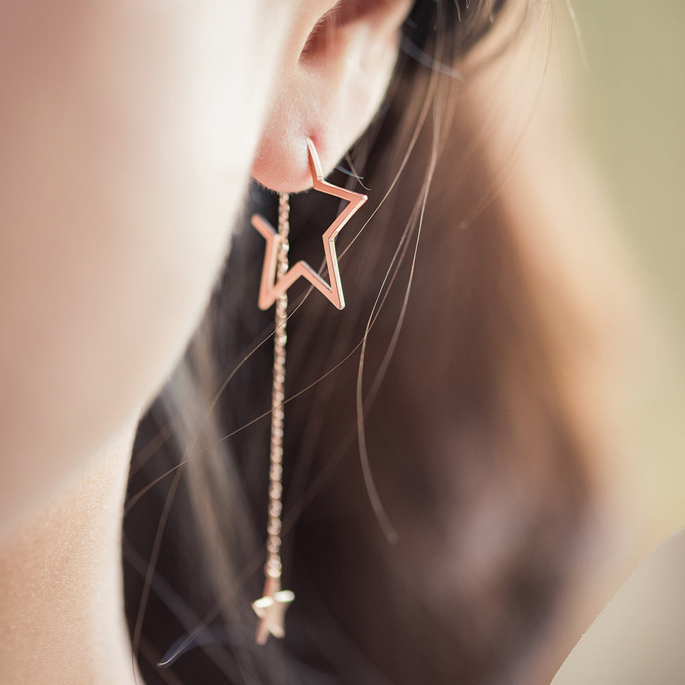 14k 18k chain drop gold earring star women 585 750 simple long earring