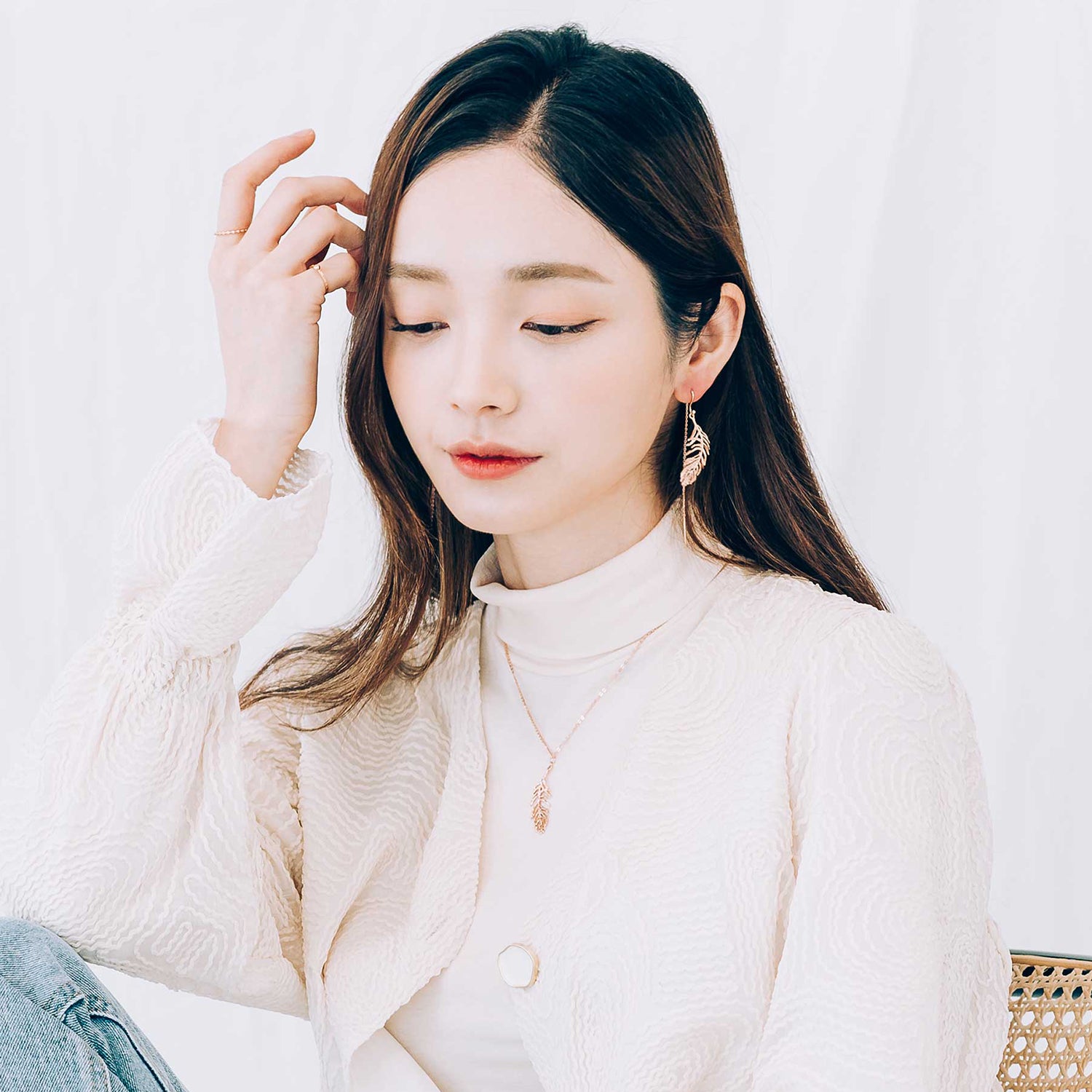 14K long chain gold earring leaf unbalance women 18K earring