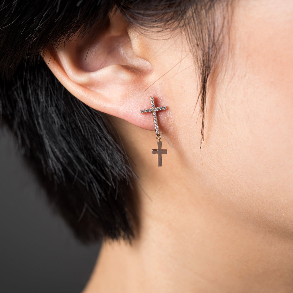 14k 18k long unbalance cross GOLD diamond earring