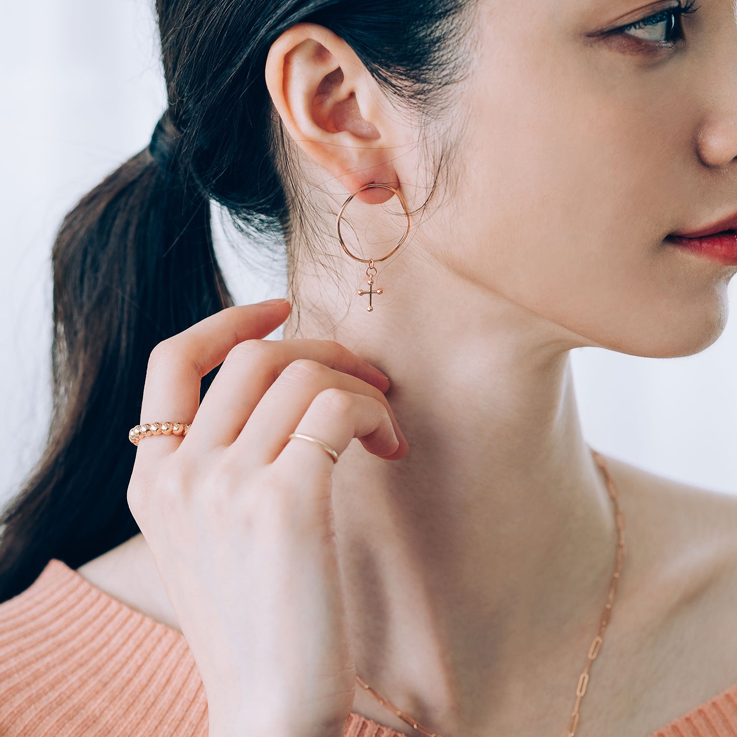 14k 18k long unbalance cross GOLD earring long chain earring K jewellery jewelry