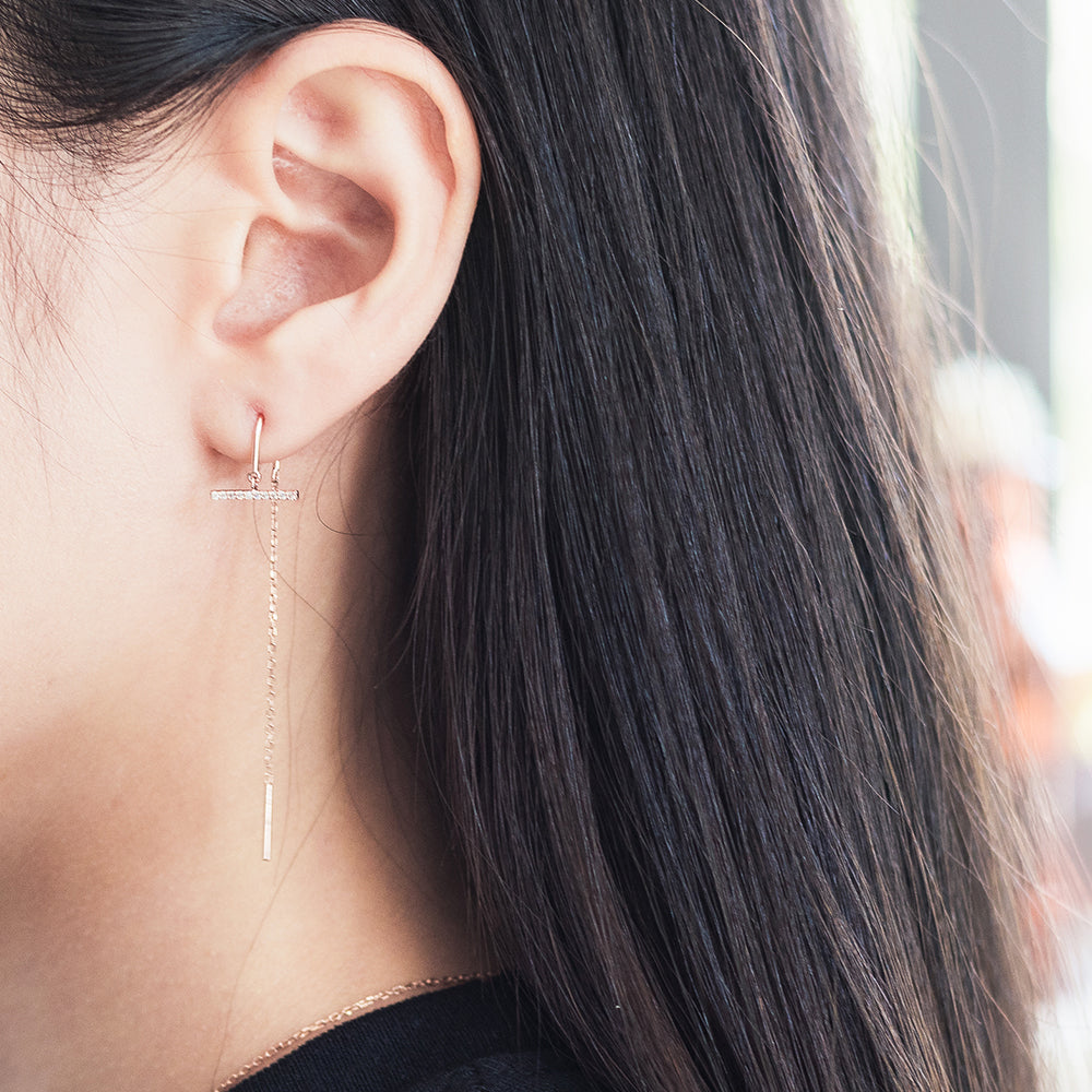 14k chain drop gold earring diamond long bar 18k bar drop women gift