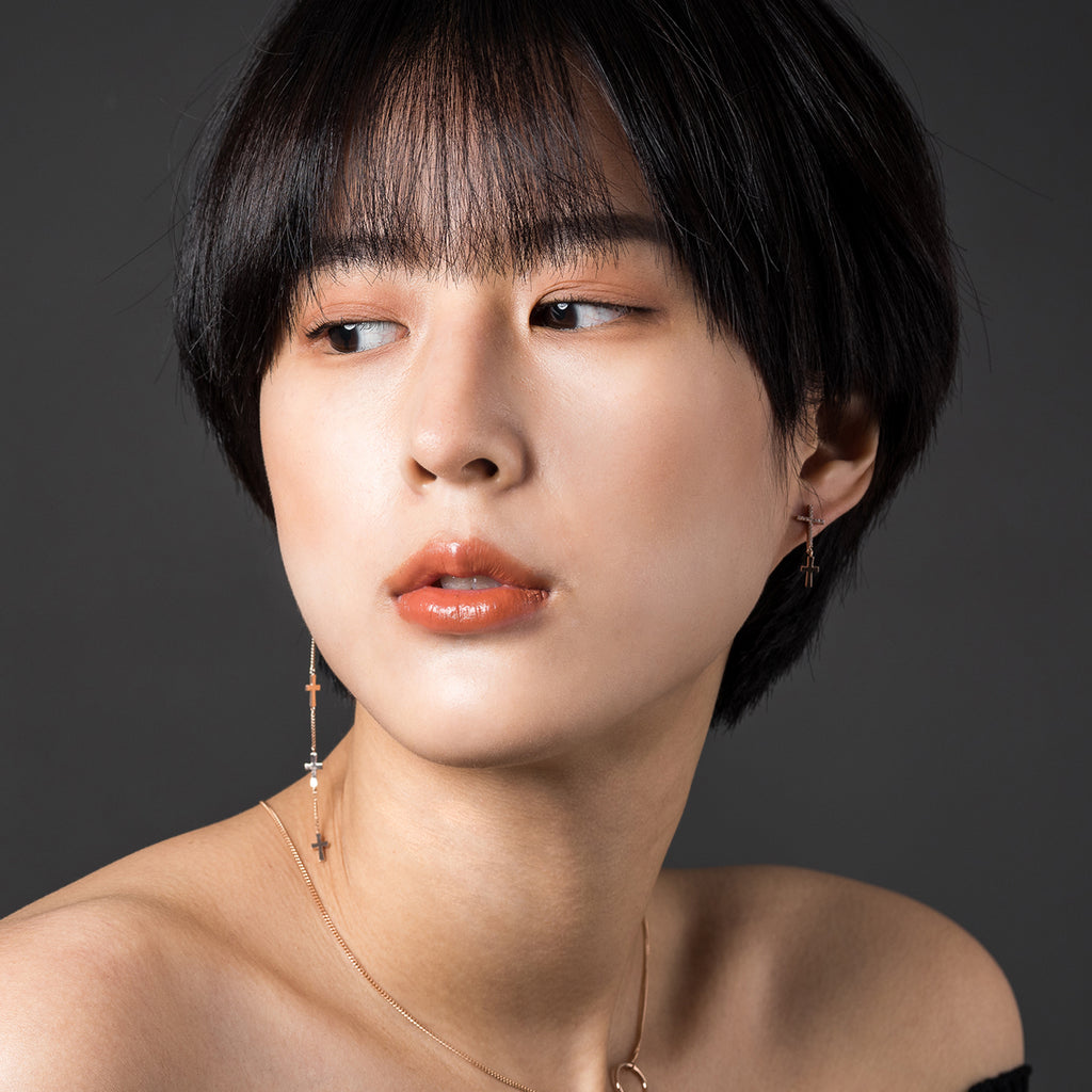 14k 18k long unbalance cross GOLD diamond earring