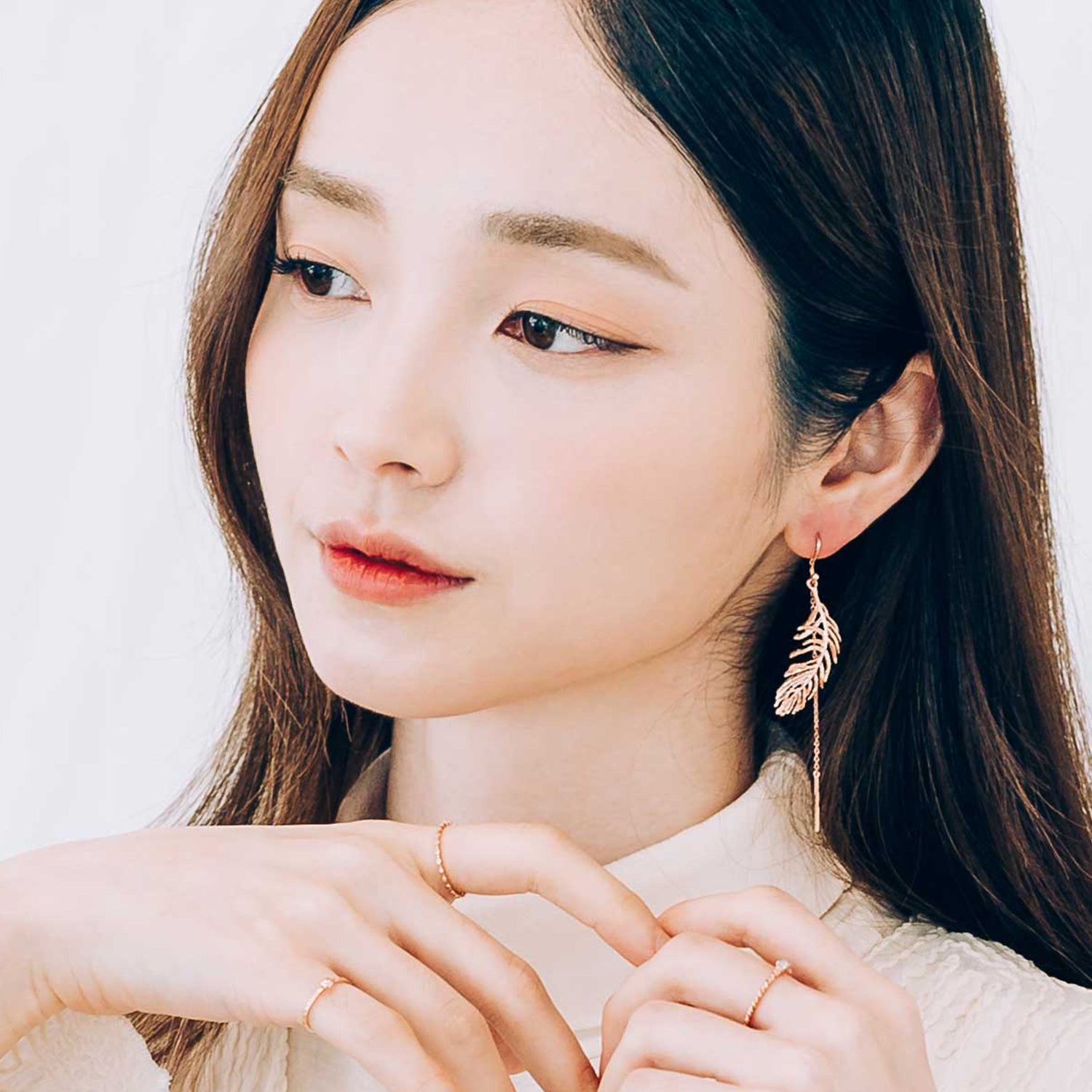 14K long chain gold earring leaf unbalance women 18K earring