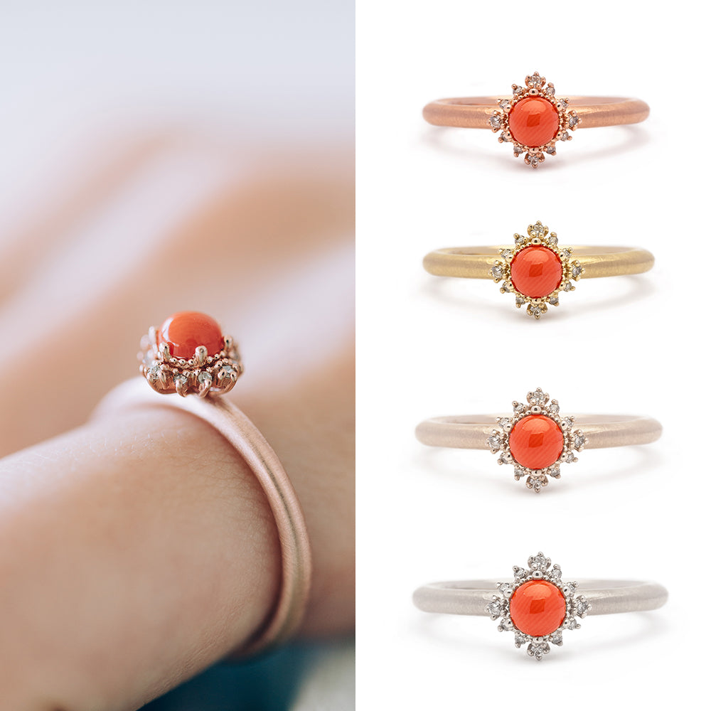 natural coral diamond A+++ ring wedding band 14k 18k gold