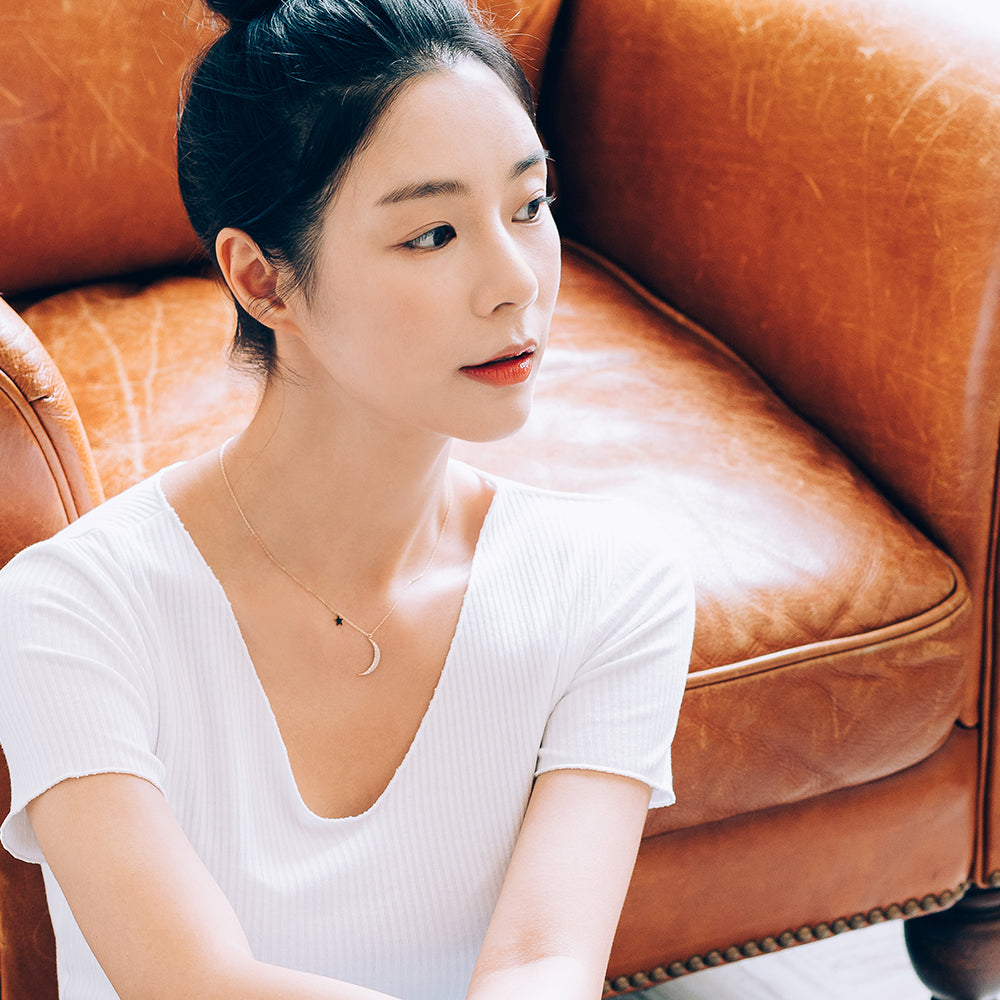 14k 18k GOLD moon star black white Q necklace daliy anniversary gift