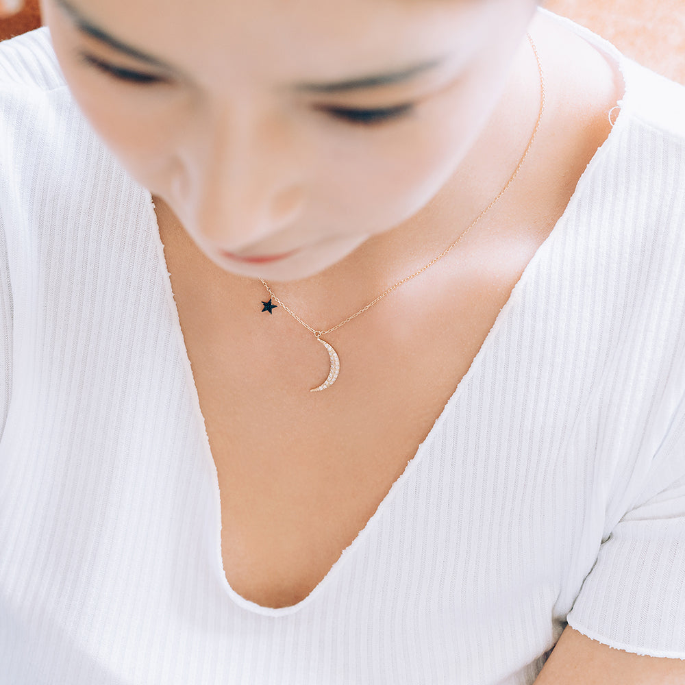 14k 18k GOLD moon star black white Q necklace daliy anniversary gift