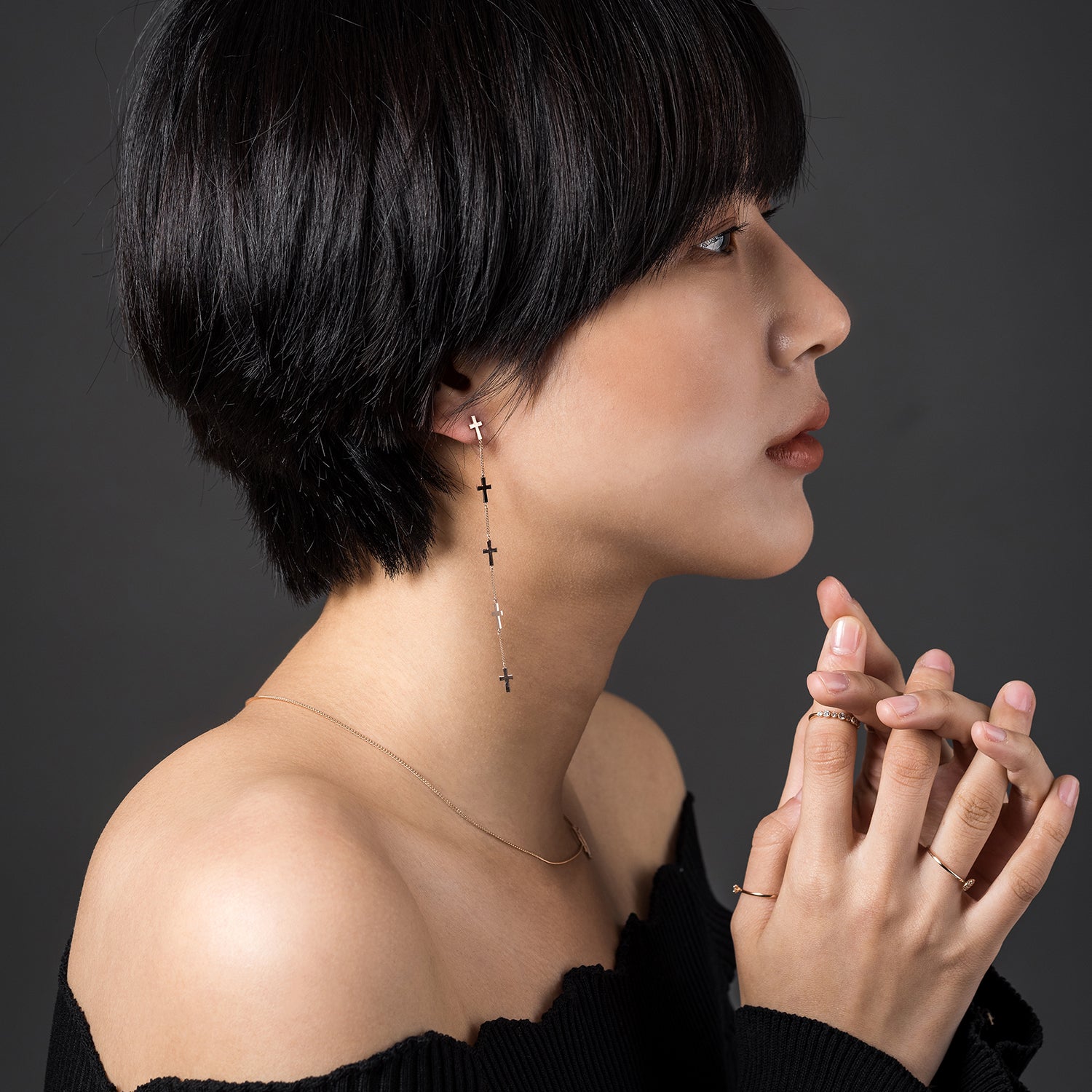 14k 18k long unbalance cross GOLD diamond earring