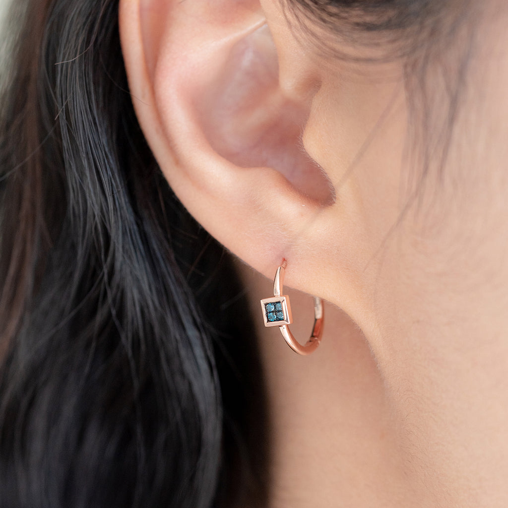 blue diamond gold earring 14k 18k simple one-touch hoop