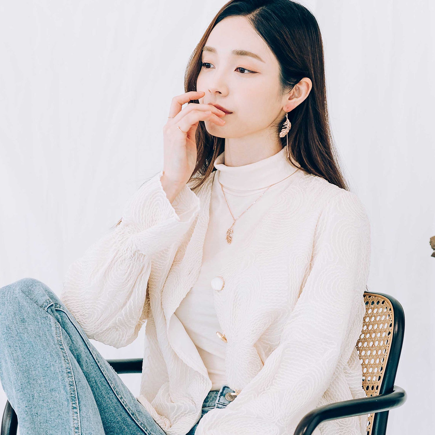 14K long chain gold earring leaf unbalance women 18K earring