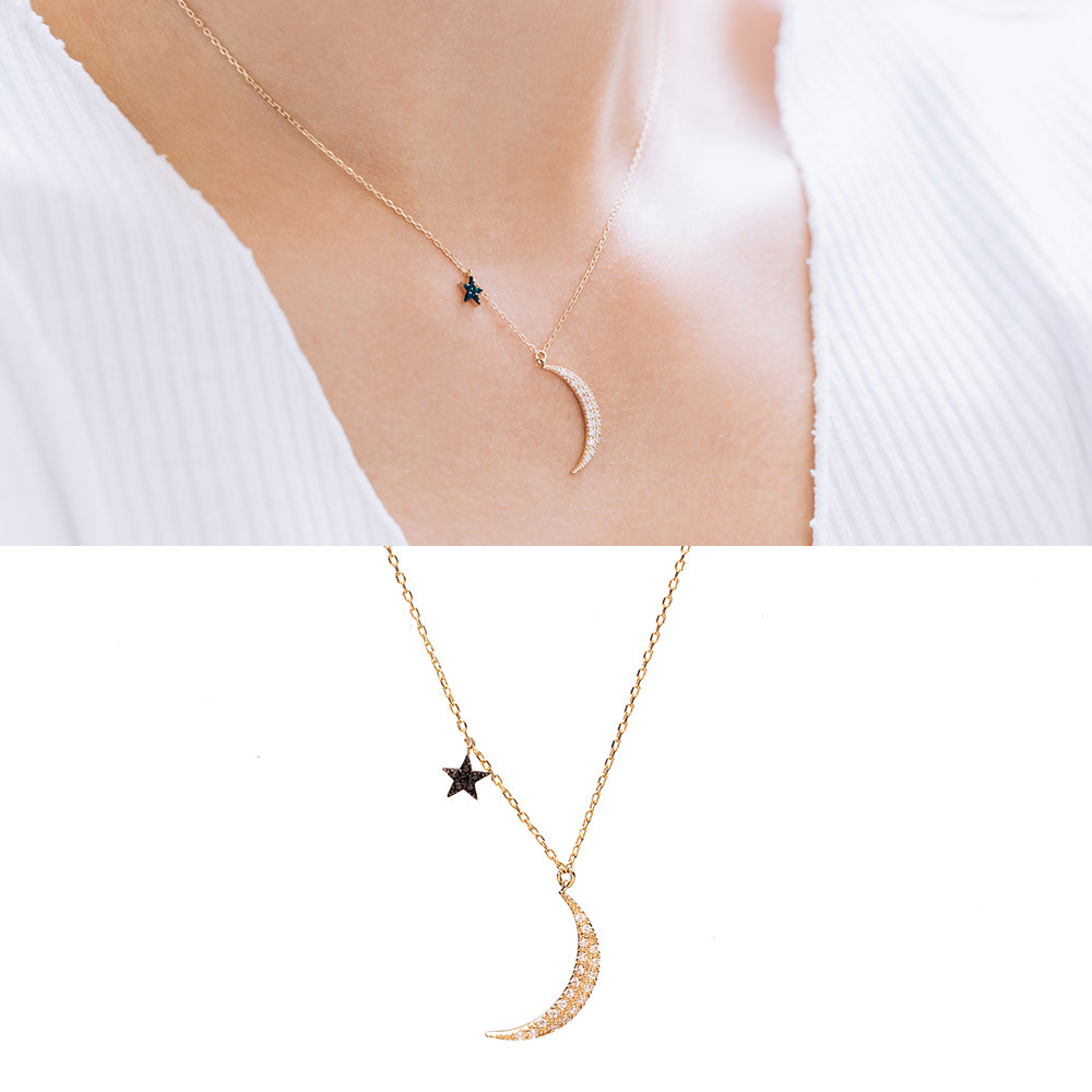 14k 18k GOLD moon star black white Q necklace daliy anniversary gift