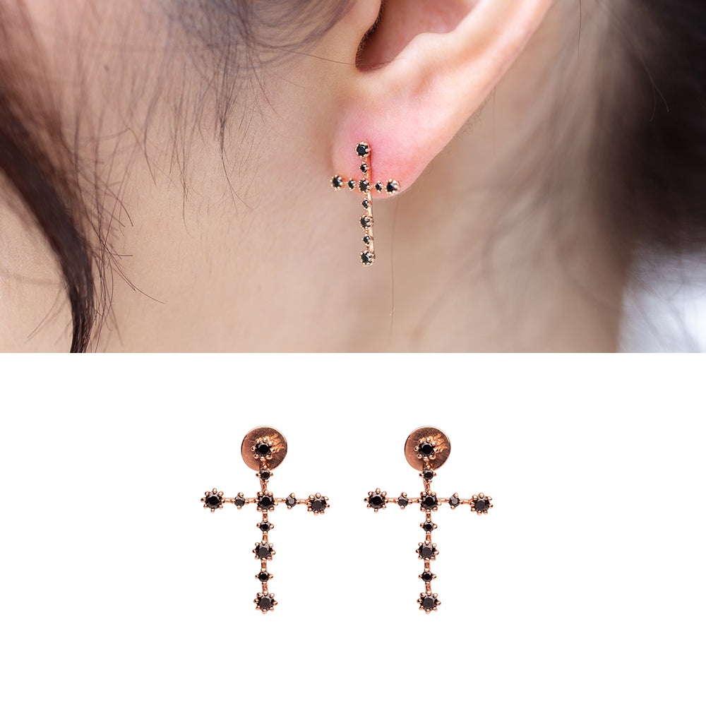 14k cross earring 18k black Q stone hoop earring