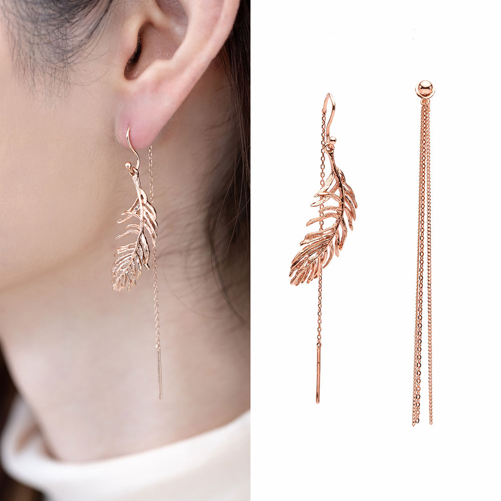 14K long chain gold earring leaf unbalance women 18K earring