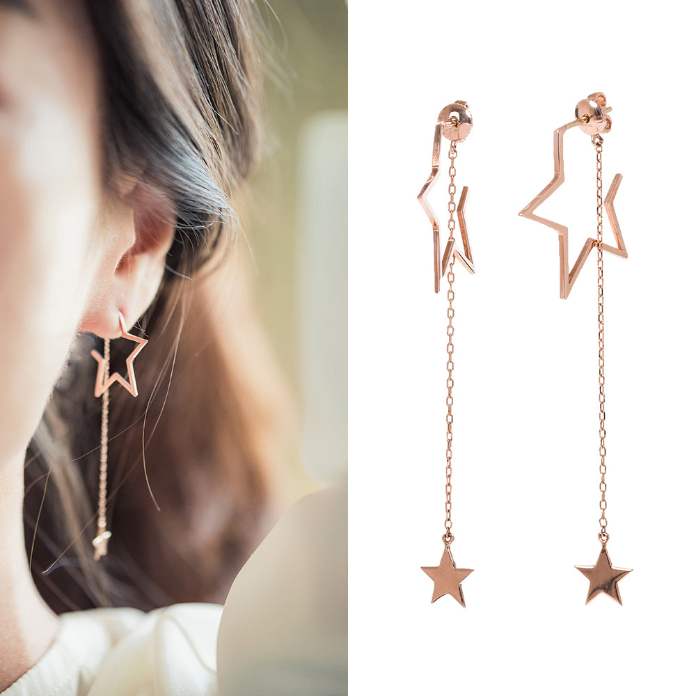 14k 18k chain drop gold earring star women 585 750 simple long earring