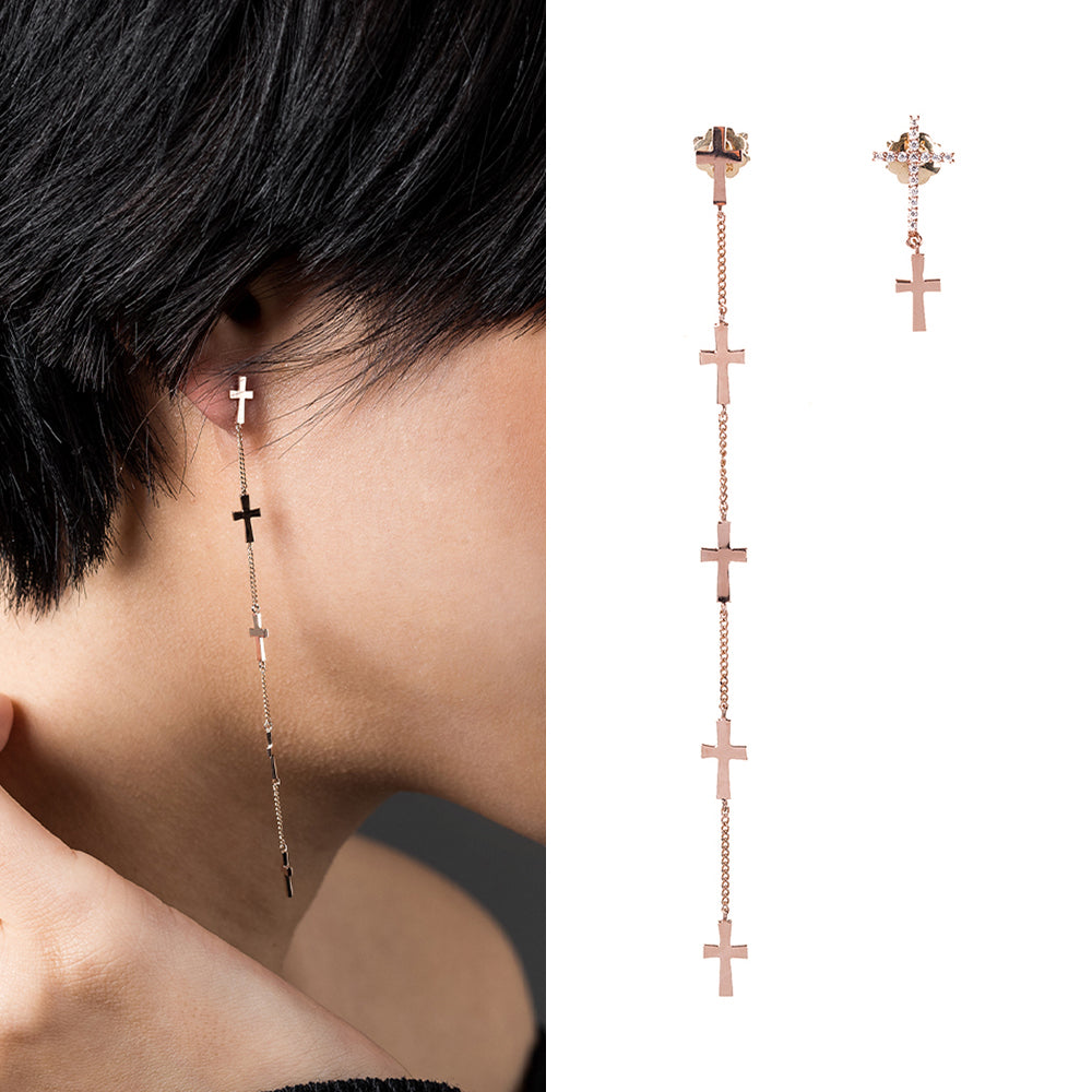 14k 18k long unbalance cross GOLD diamond earring