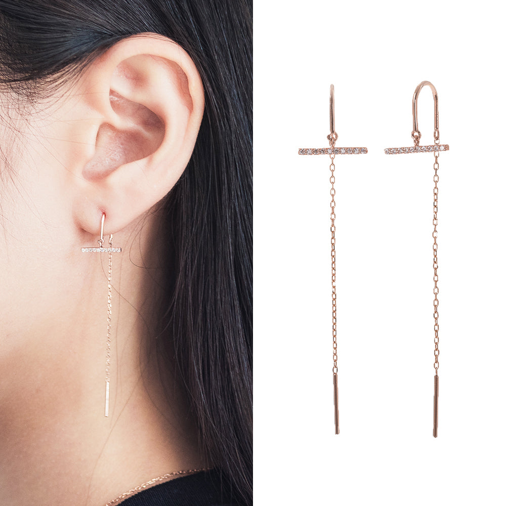 14k chain drop gold earring diamond long bar 18k bar drop women gift