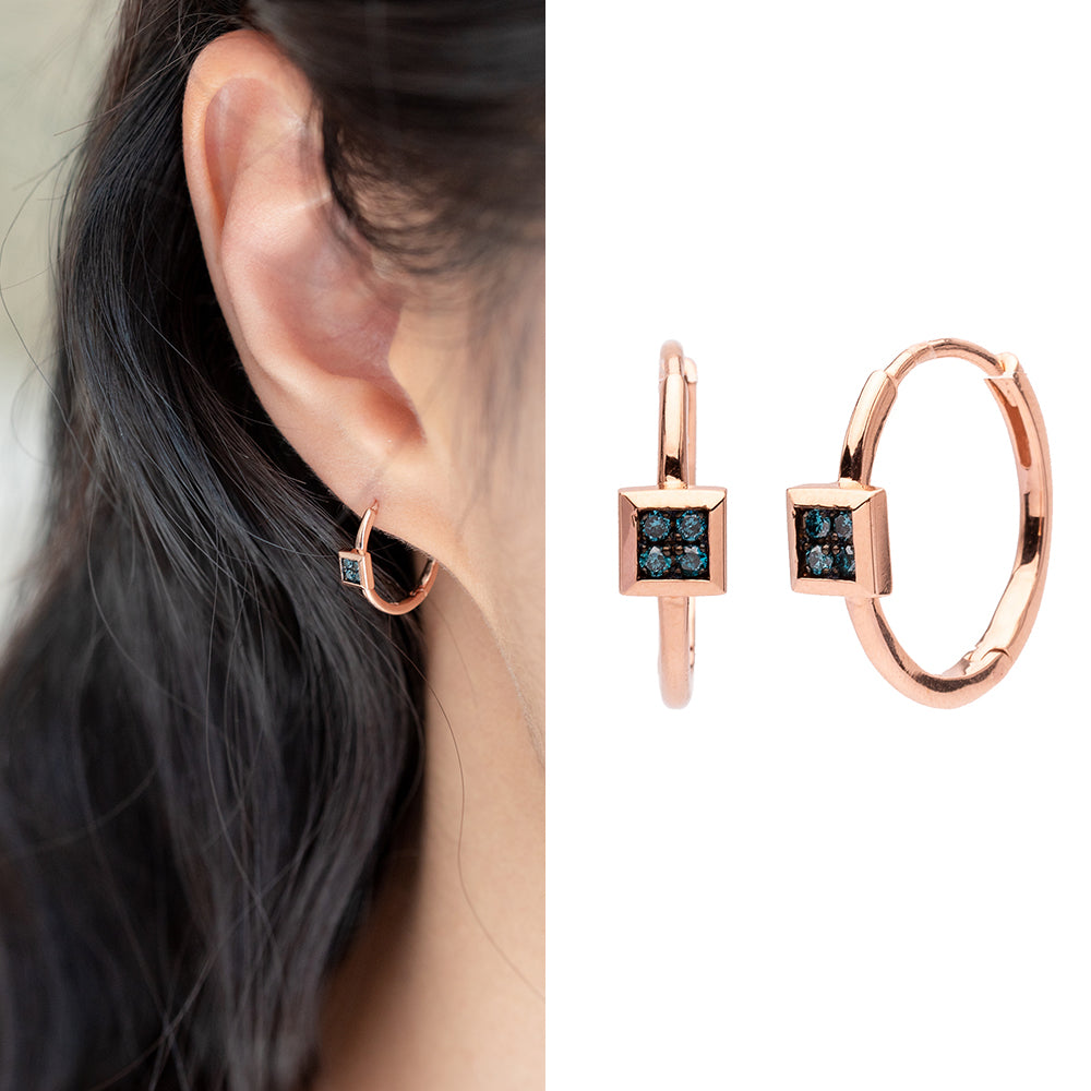 blue diamond gold earring 14k 18k simple one-touch hoop