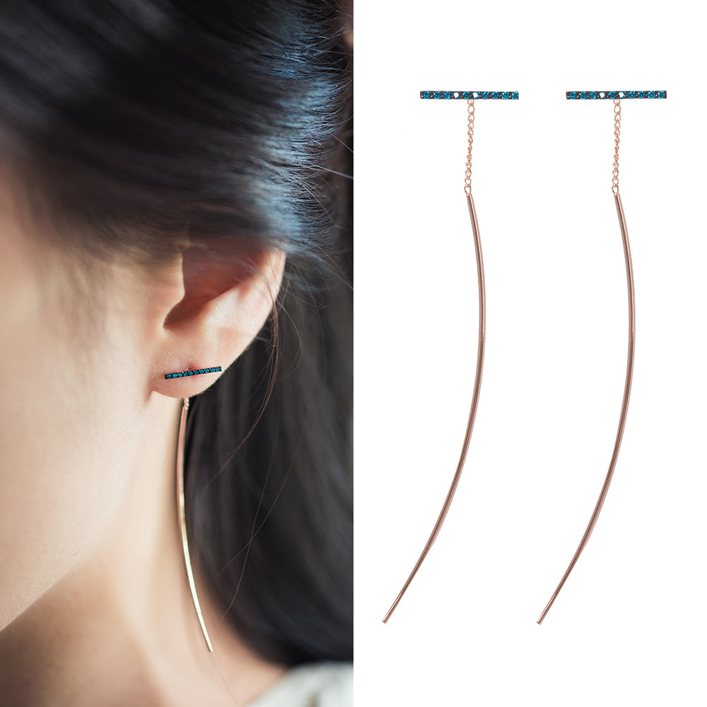 14k chain drop gold earring blue diamond long bar 18k women handmade