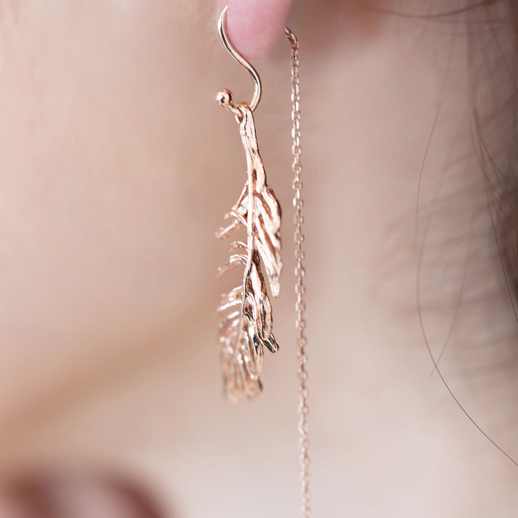 14K long chain gold earring leaf unbalance women 18K earring